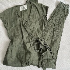 notPERFECTLINEN Green Linen Wrap Jumpsuit